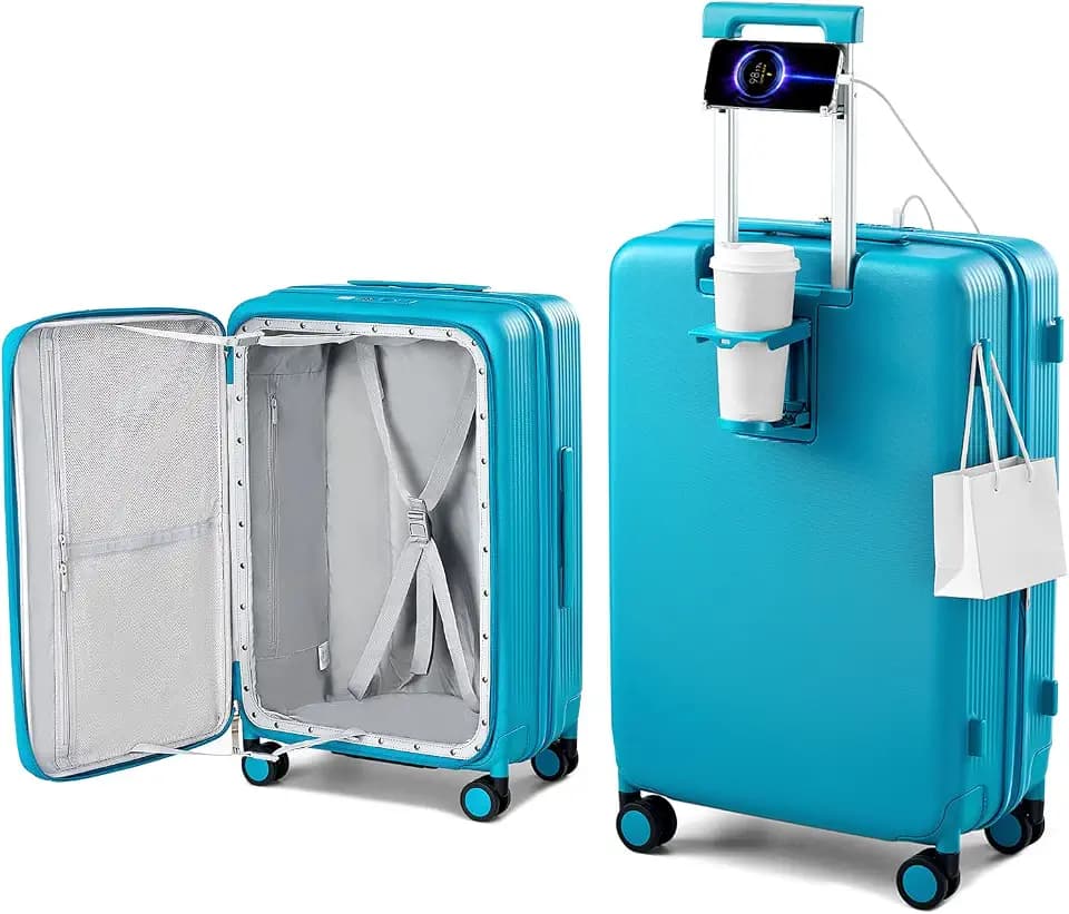 Hanke 24Inch Expandable Luggage Top Opening Medium Checked Luggage Hard Shell Suitcases with Wheels Travel Luggage Rolling Suitcase with Cup Holder (Caribbean Blue)
