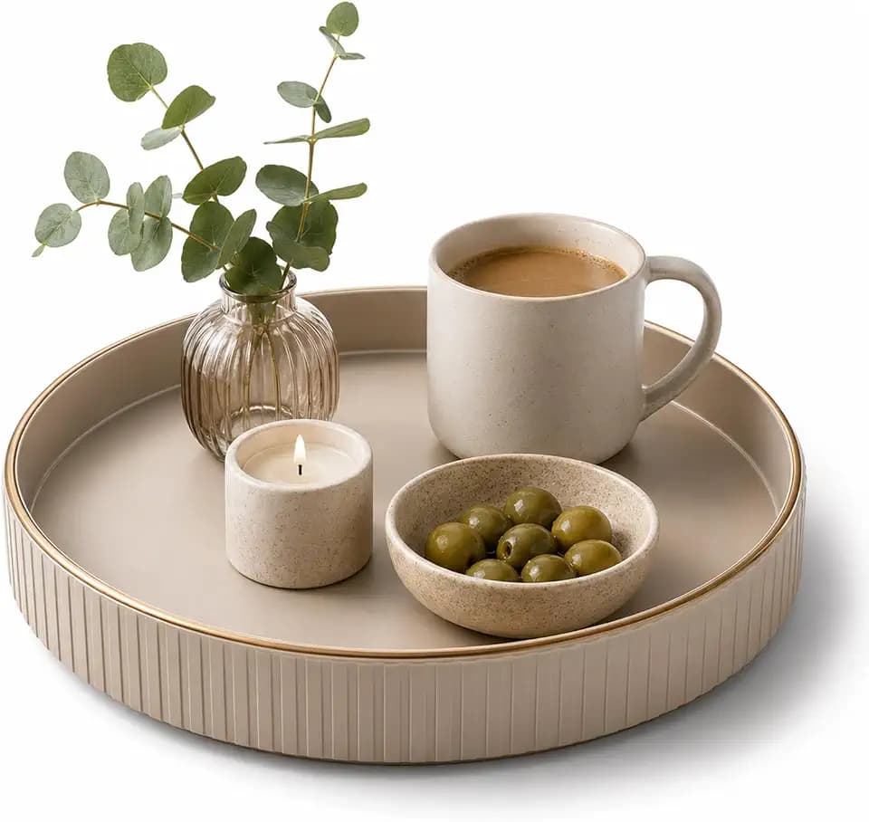 Deko Tablett Serviertablett Rund Ø 30cm PU Leder, Beige