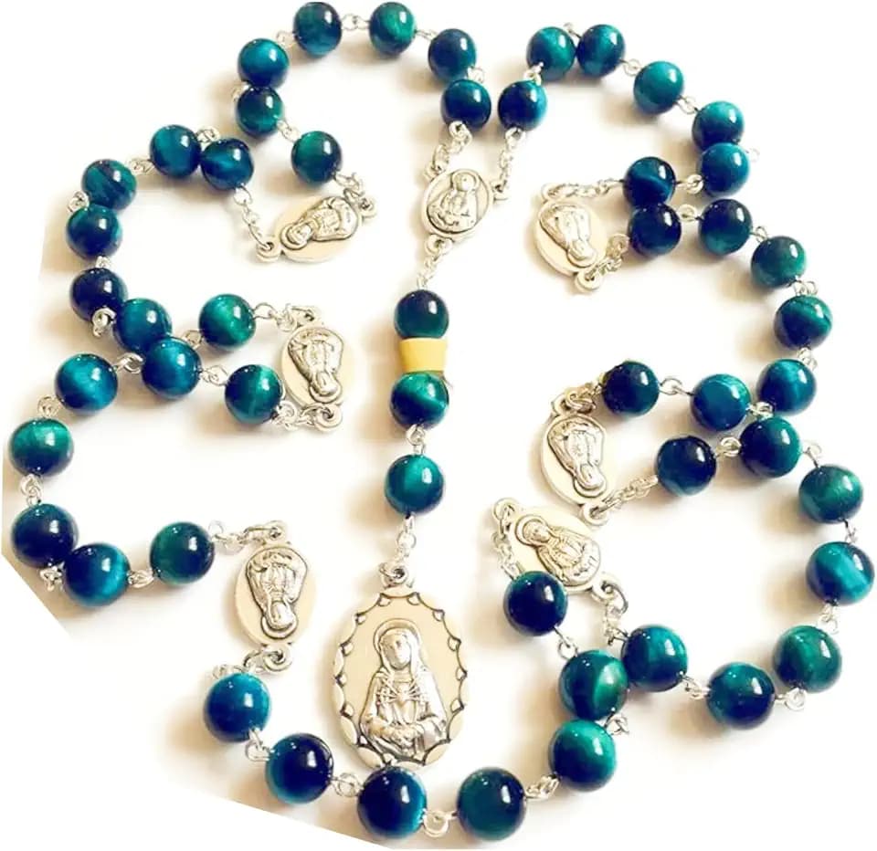elegantmedical HANDMADE RARE Peacock buleTiger Eye Jade Beads SEVEN 7 SORROWS MARY MEDAL Rosary Necklace Catholic GIFTS