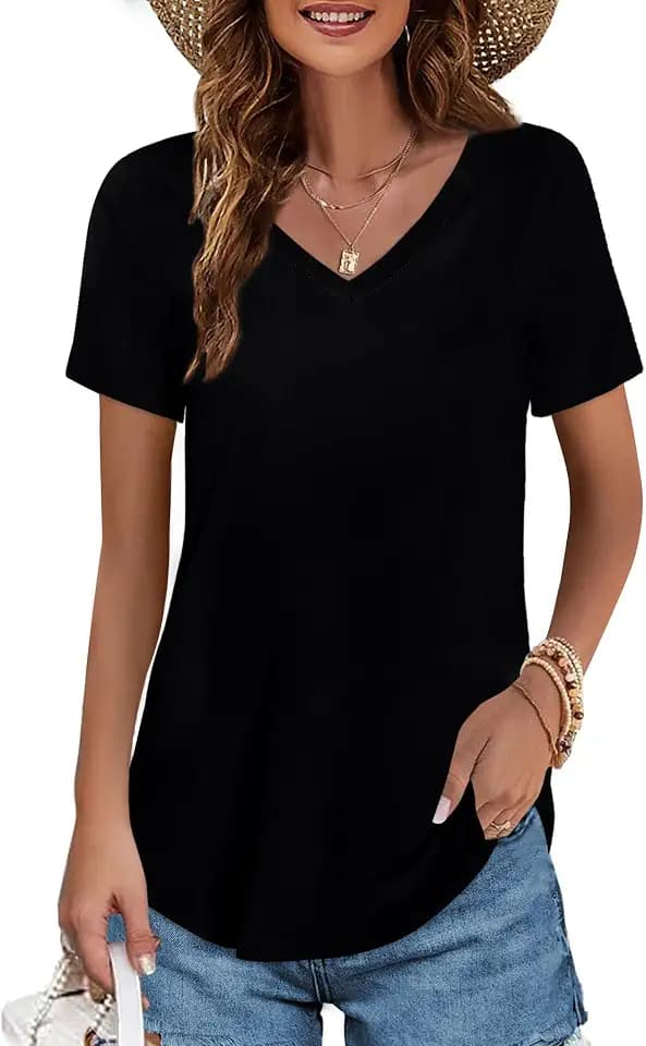 Elesomo Damen T Shirts Baumwolle Kurzarm/Langarm V Ausschnitt Oberteile