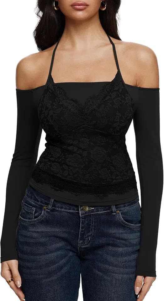 REORIA Sexy Lace Top for Women Off Shoulder Long Sleeve Halter Neck Sheer Fitted Going Out Top Y2K Fake Two Piece Shirt