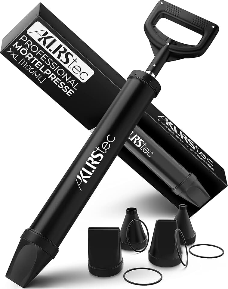 KLRStec Profi Mörtelpresse XXL [1100ml] Praktische Fugenpistole für Mörtel/Beton - Mörtelspritze mit Zubehör - 4 Düsen, 4 Dichtungen