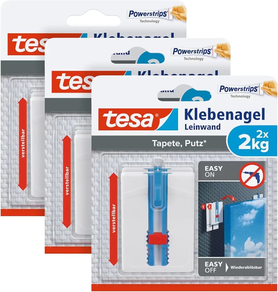 tesa Klebenagel für Tapete & Putz, verstellbar, 2kg - 3x 2 Nägel mit Strips