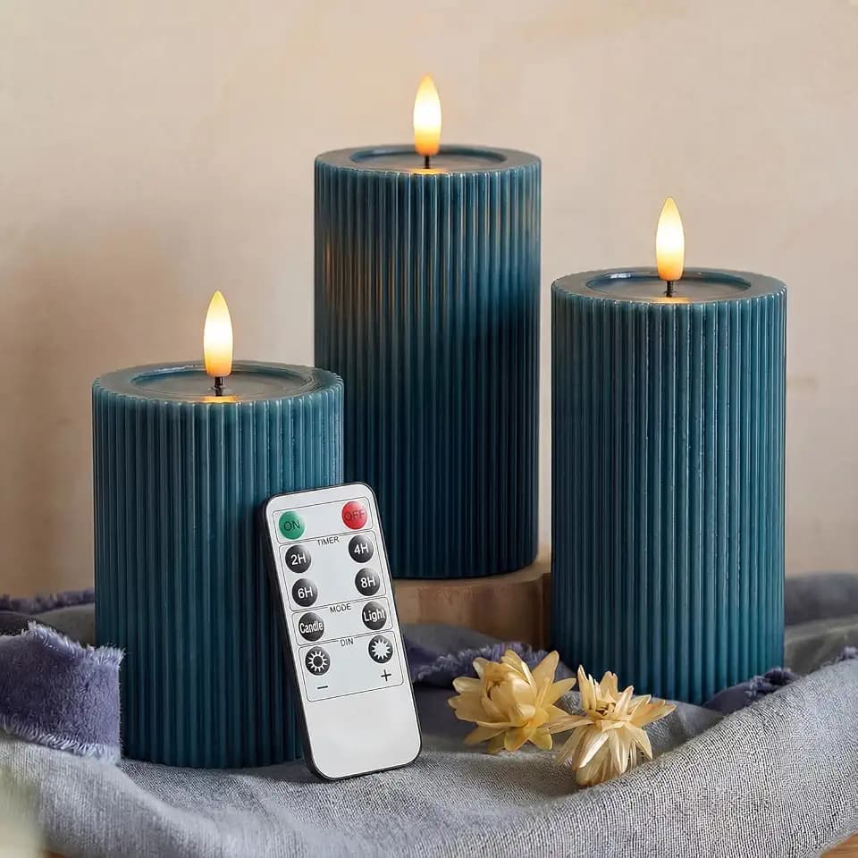 Fluted Ribbed LED Pillar Candles, Blue, with Realistic Reflective Melted-Wax Effect – Flickering Flame, Remote, Dimmable, Flameless, Battery Operated, Home & Wedding Decor (Set of 3)