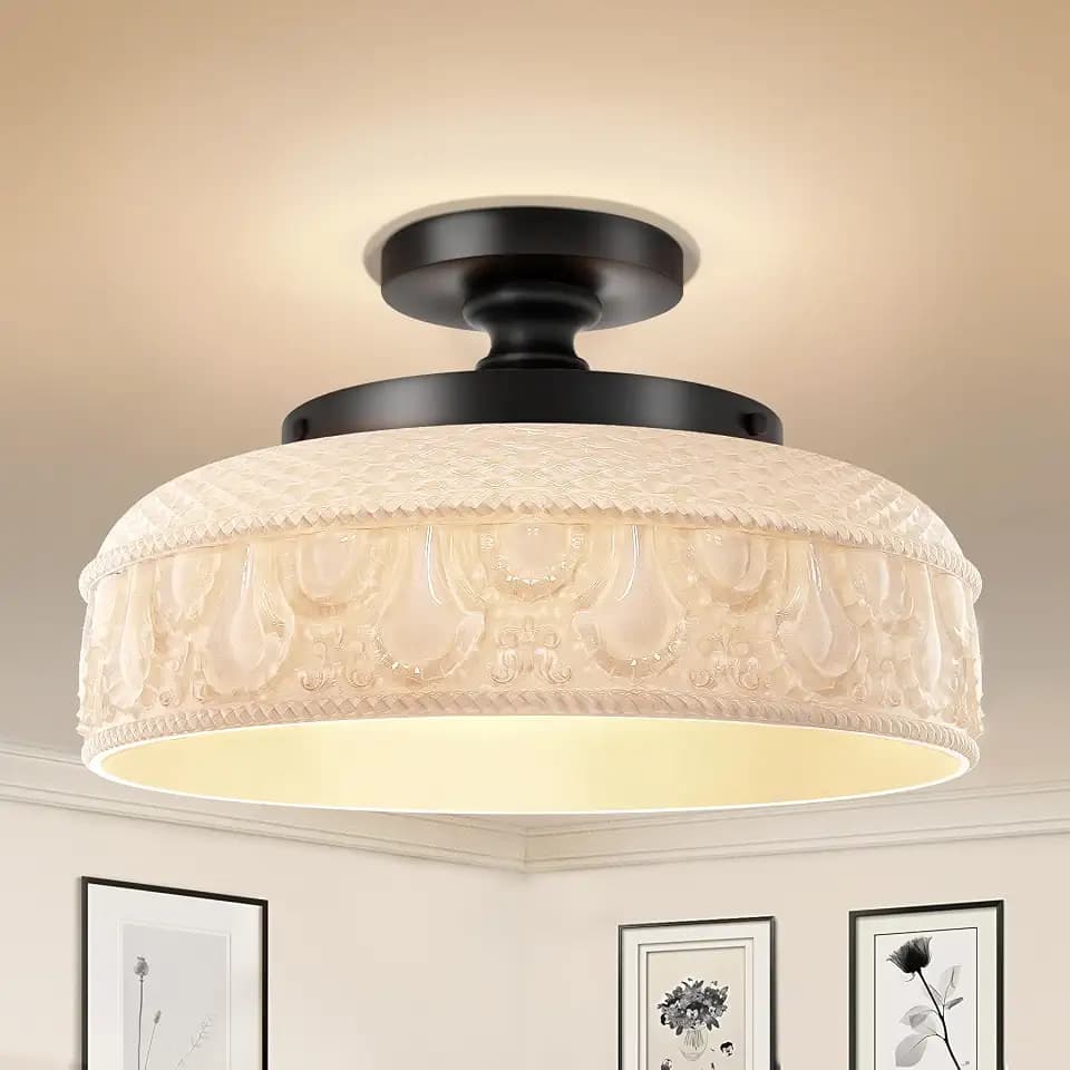 Lamomo Semi Flush Mount Ceiling Light, White Glass Shade Black Fixture,12in