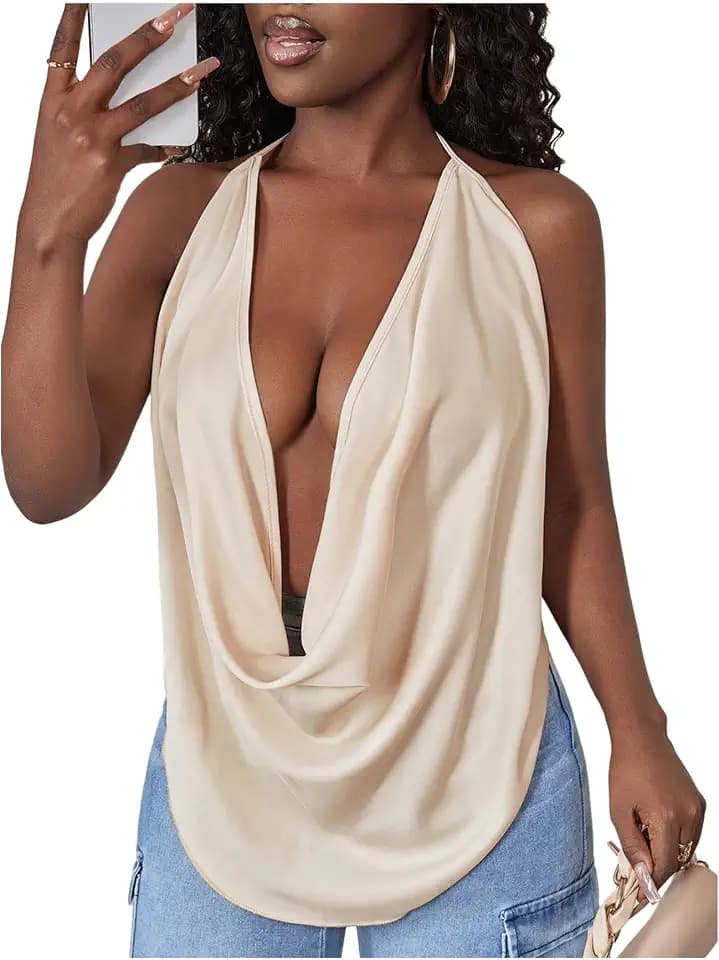SOLY HUX Women's Sexy Cowl Neck Deep V Neck Draped Halter Cami Tops