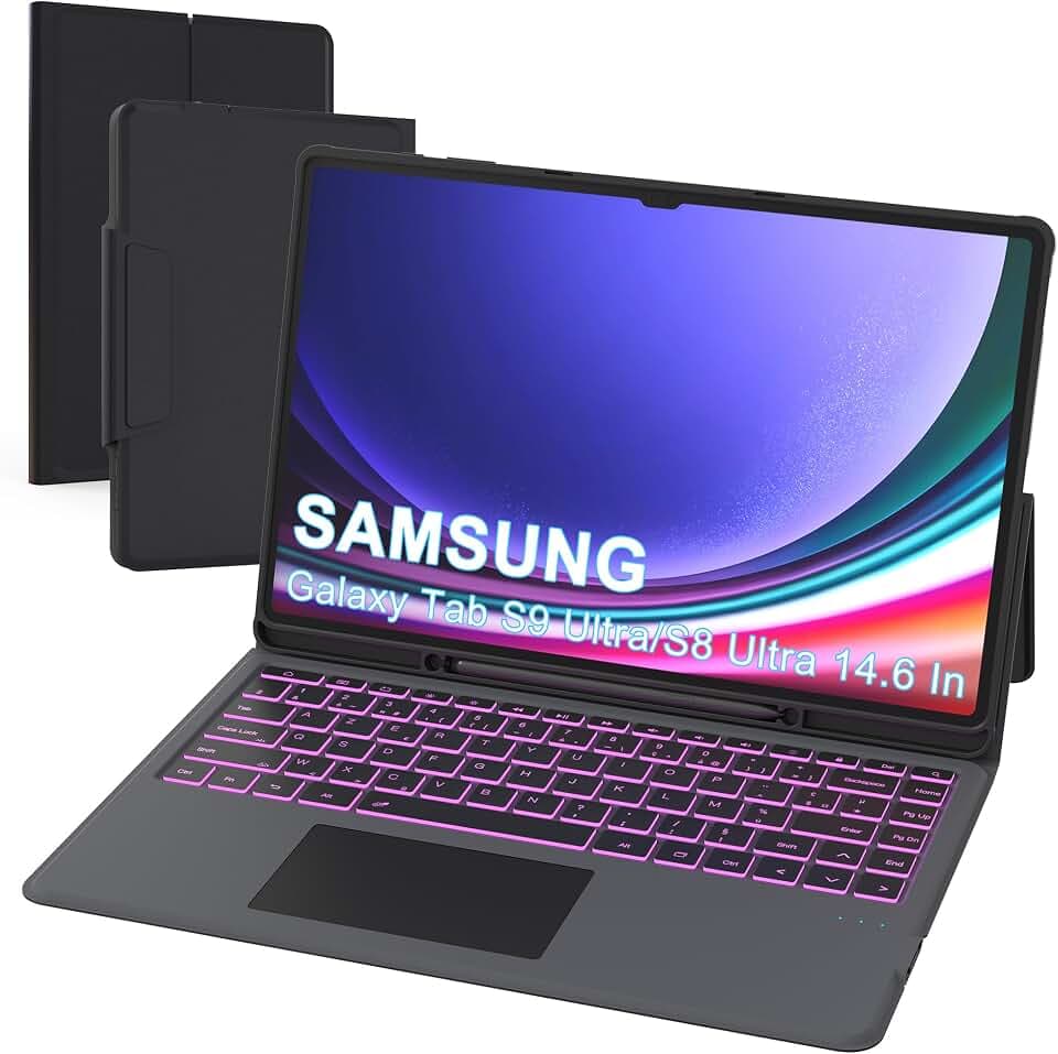 VANKEYPAD Tastaturhülle für Samsung Galaxy Tab S10 Ultra/S9 Ultra/S8 Ultra 14,6 Zoll – 7 Farben Hintergrundbeleuchtung Tablet Schutzhülle kabellos mit Touchpad – Tab S9 Ultra AZERTY Französische