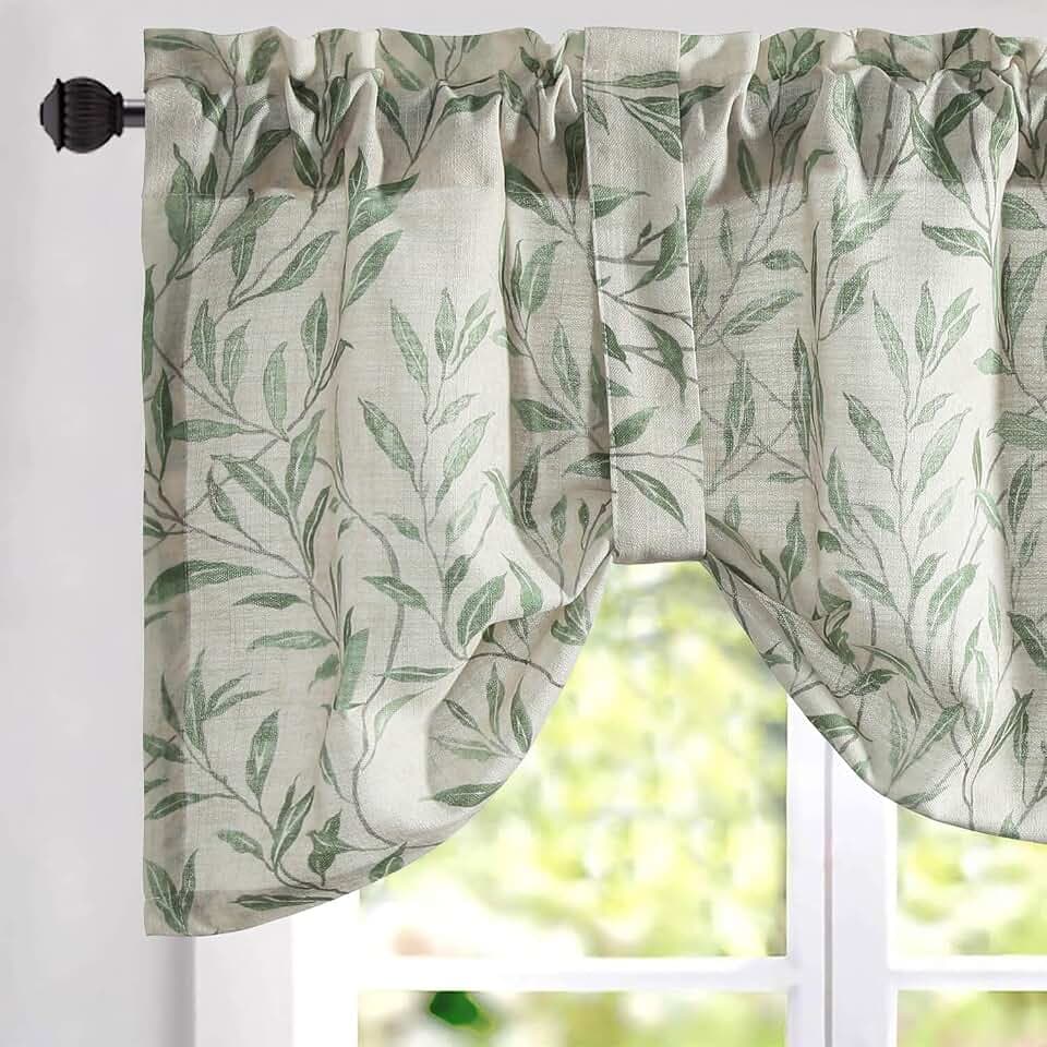VOGOL Decorative Tie-Up Curtain Valance, Green Leaf Print, 52 x 18