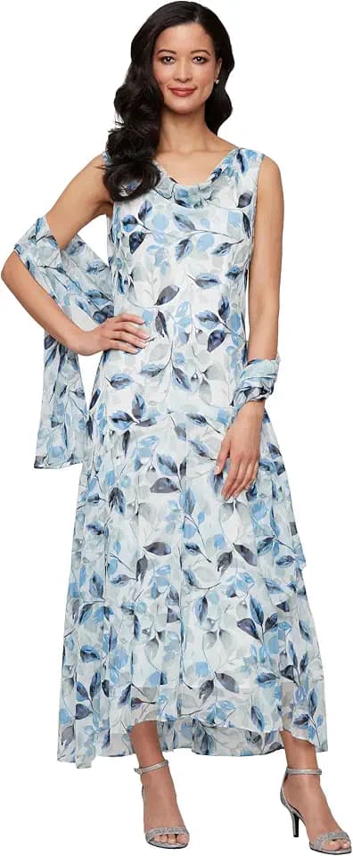 Alex Evenings Women's Formal Sleeveless Cowl Neck Floral Print Gown with Shawl, Wedding Guest, Mother of The Bride Dress