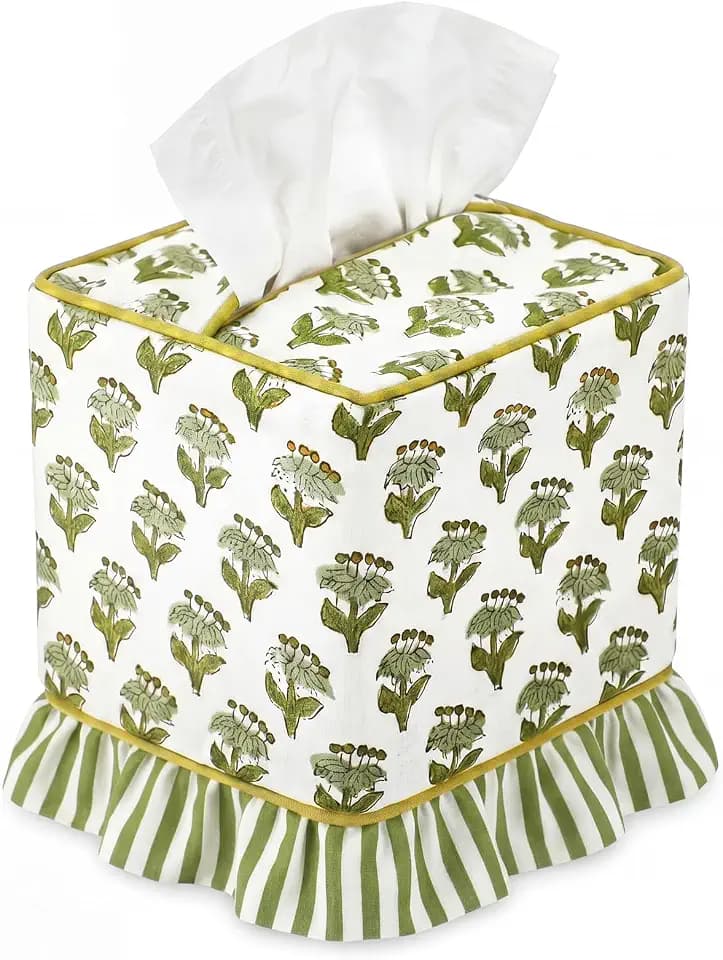 Emerald Green Floral Ruffle Tissue Box Cover Block Printed