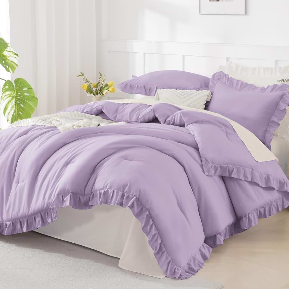 Andency Lavender Queen Comforter Set, 3 Pcs Farmhouse Shabby Chic Bedding