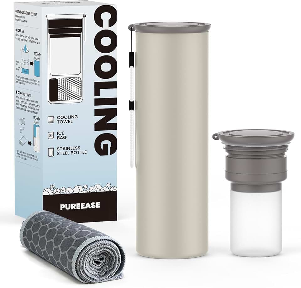 Cooling Station 3-in-1 Portable Kit: Insulated Stainless Steel Bottle with Reusable Ice Bag & Cooling Towel. Long-Lasting Cold Relief for Daily Commute, Gym, Sports & Outdoor Travel