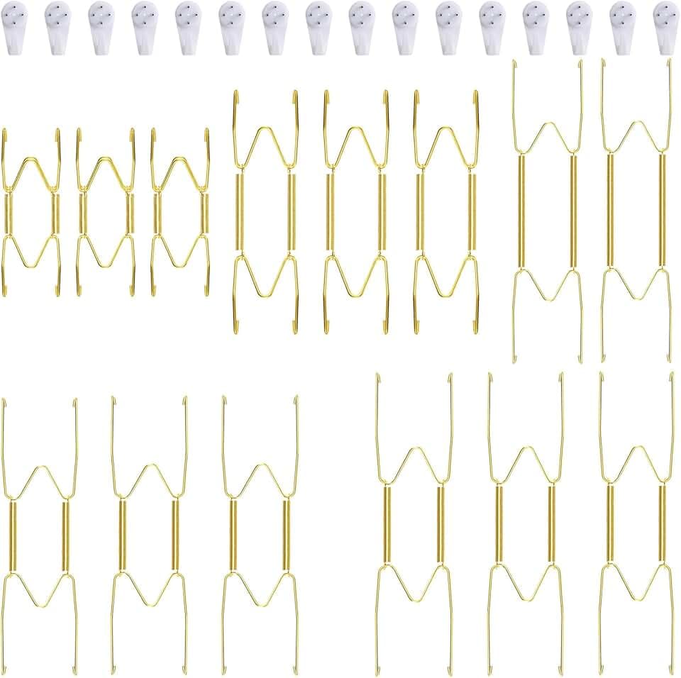 14 Piece Plate Hangers, 4/6/8/10/12 Inch Invisible Brass Wall Plate Hangers, Comes with 16 Piece Wall Hooks for Decorative Plates
