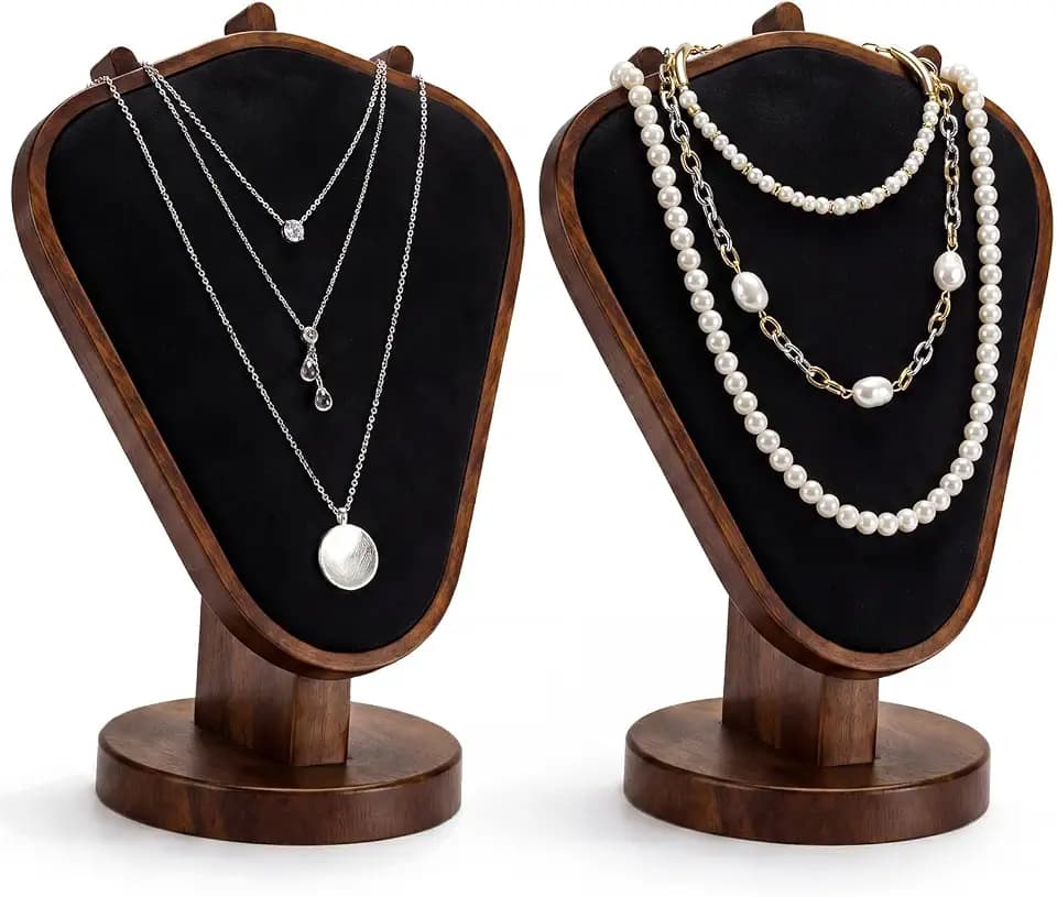 Sureio 2 Pcs Vintage Velvet Necklace Display Stand, Blcak, Walnut, Small