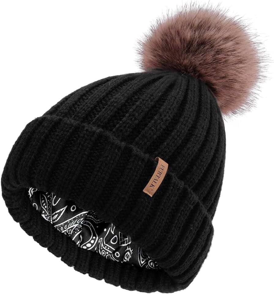 FURTALK Damen Satinfutter Bommelmütze für Haar Wintermütze mit Kunstfell Bommel