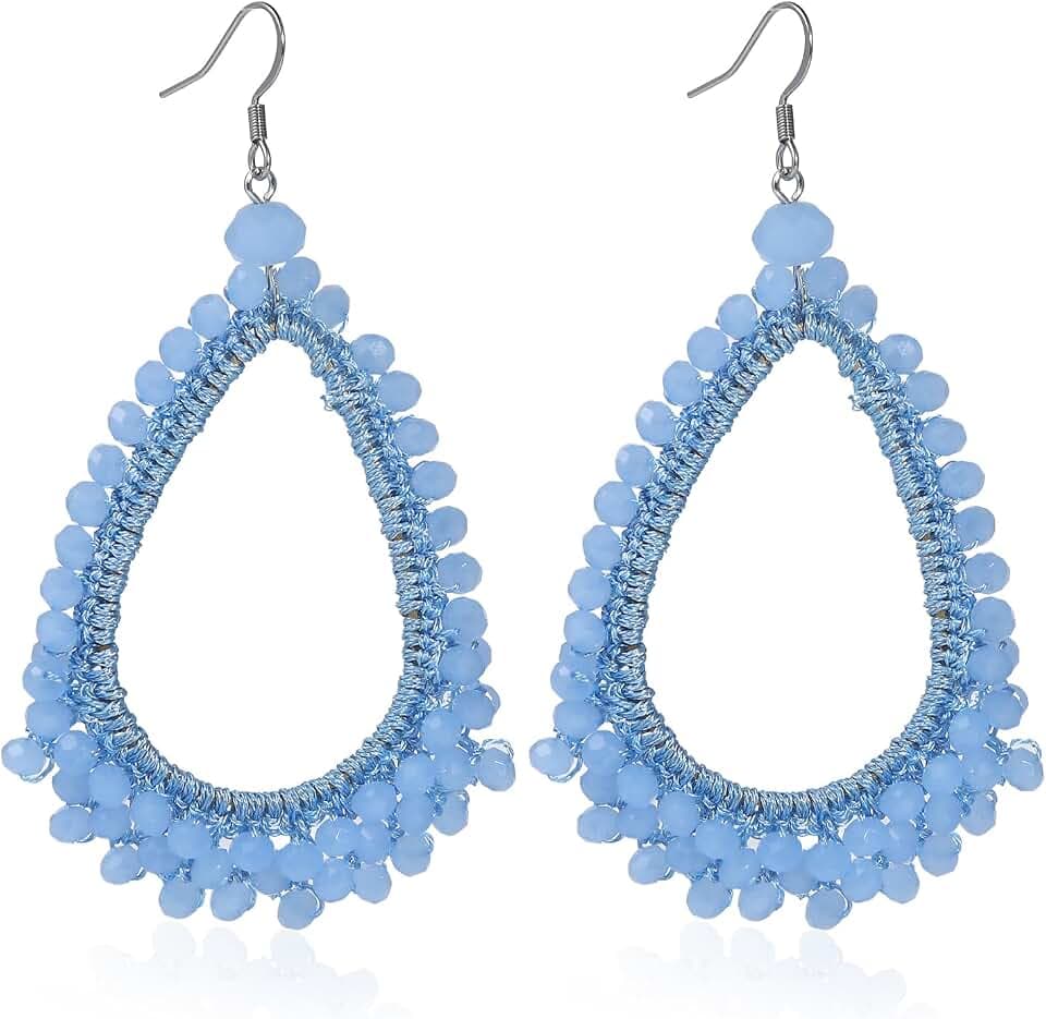 Handwoven Braided Thread Beads Teardrop Dangle Earrings for Women Ethnic Bohemian Crystal Chandelier Drop Earrings Boho Statement Jewelry