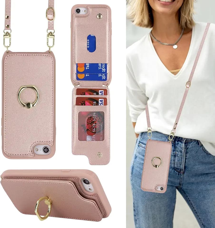 Lipvina for iPhone 7 Plus/8 Plus Case with Strap & Wallet-Rose Gold