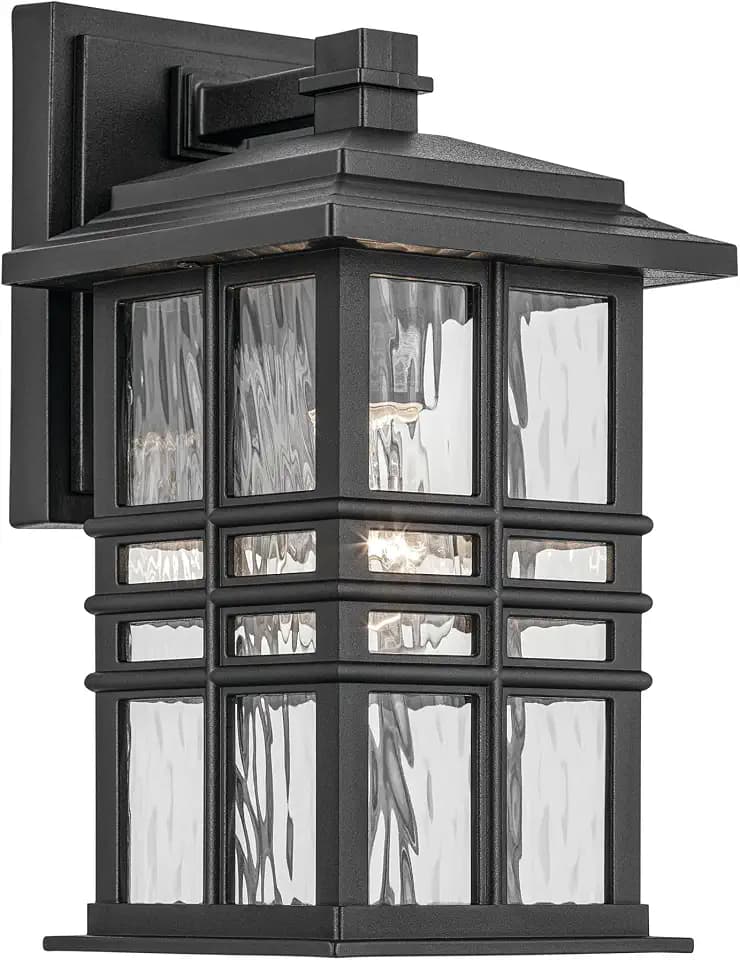 Kichler Beacon Square 12" 1-Light Outdoor Wall Light with Clear Hammered Glass in Textured Black, for Exterior Doors, Garage, Porch, or Patio (12" x 6.5"), 49829BKT