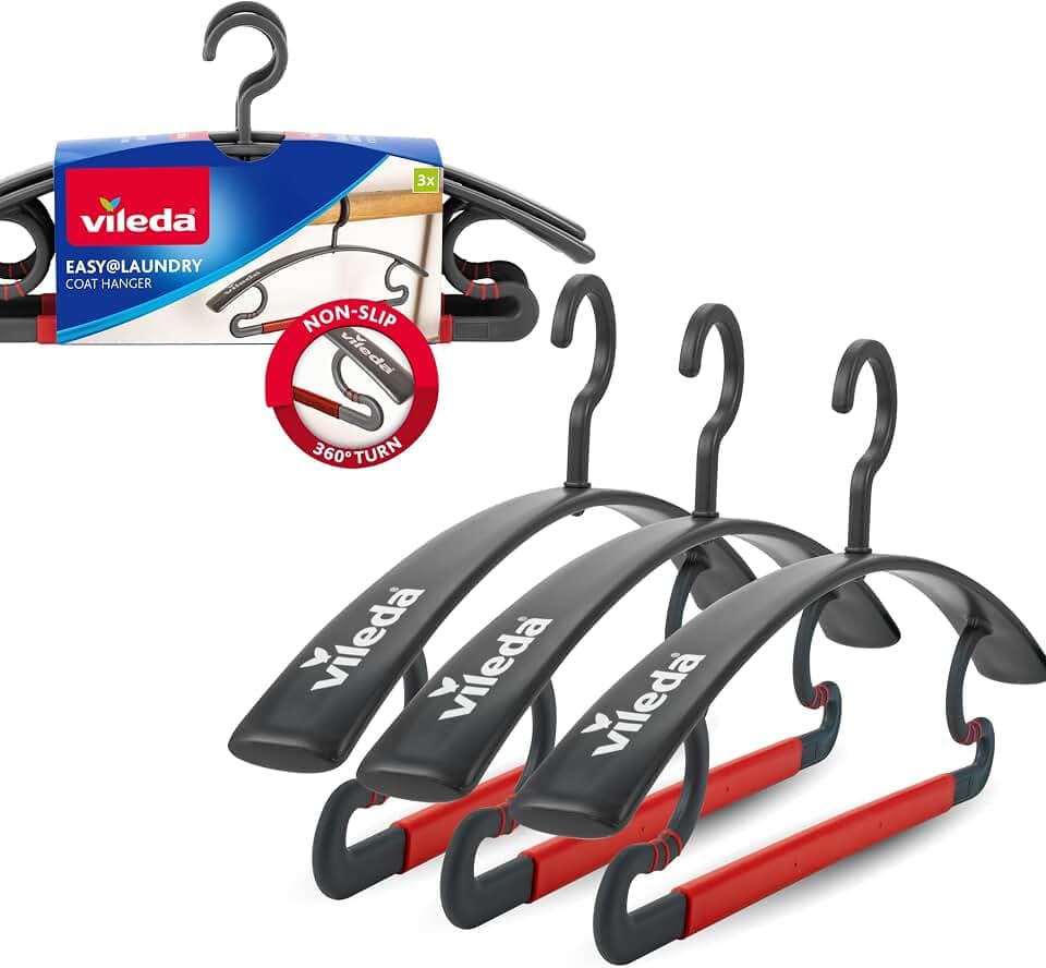 Vileda 3-in-1 Kleiderbügel 3er Set - rutschfeste Kleiderbügel mit 360° drehbarem Haken - Platzsparend, stabil & vielseitig - bis 5 kg Traglast für Jacken, Hosen, Hemden, Shirts & mehr