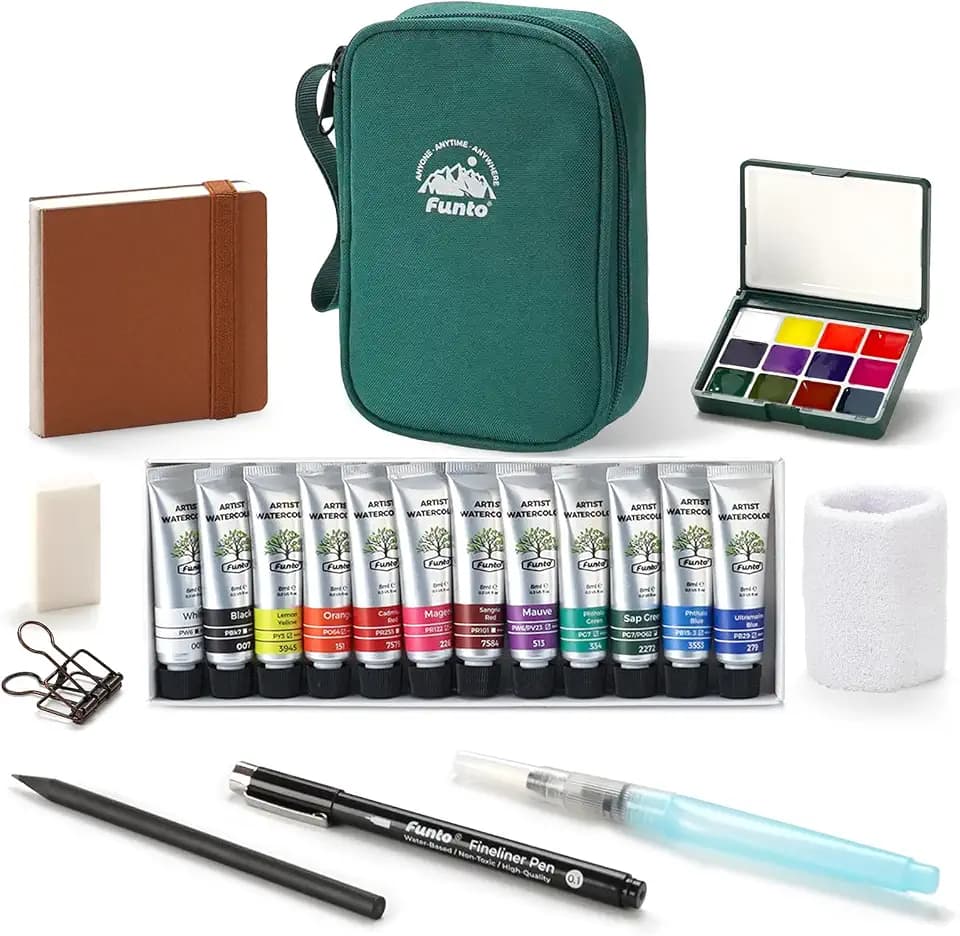 Funto Travel Watercolor Set, Oversized 12-Well Palette with 12 tube colors
