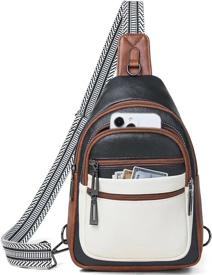 Leresas Sling Bag for Women Crossbody Bag Fanny Pack Cross Body Handbag Sling Purse Vegan Leather Trendy Gifts Travel Purse Black/White/Brown