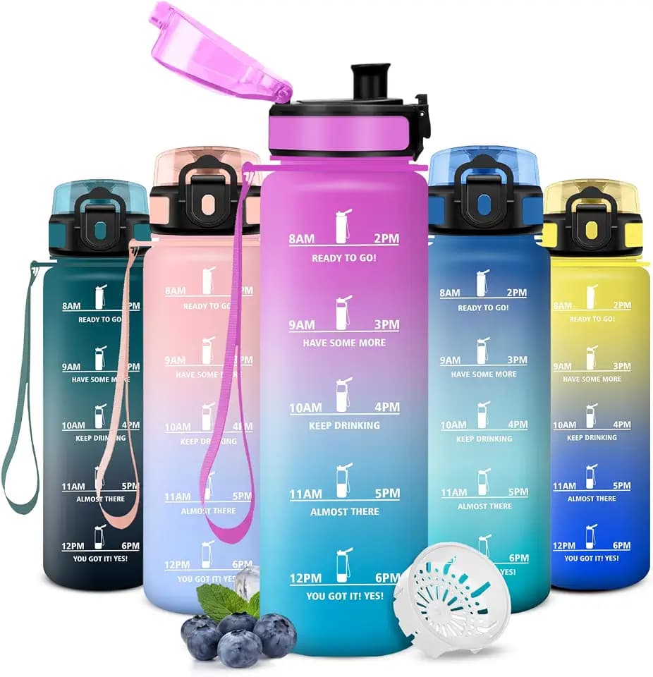 Trinkflasche 500ml, Trinkflasche Sport, Auslaufsicher, BPA-Frei, Sportflasche mit Zeitmarkierung, Strapazierfähig, für Kohlensäurehaltige Getränke, für Schule, Büro und Camping