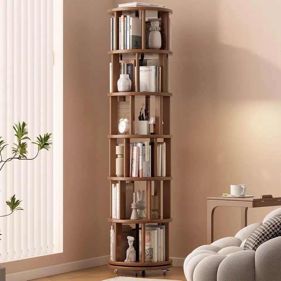 YQJJGL Drehbares Bücherregal, Massivholz, Standregal, 360 Grad, Bücherregal Kinder, für Wohnzimmer, Arbeitszimmer, Büro, 6 Ebenen (Walnuss)