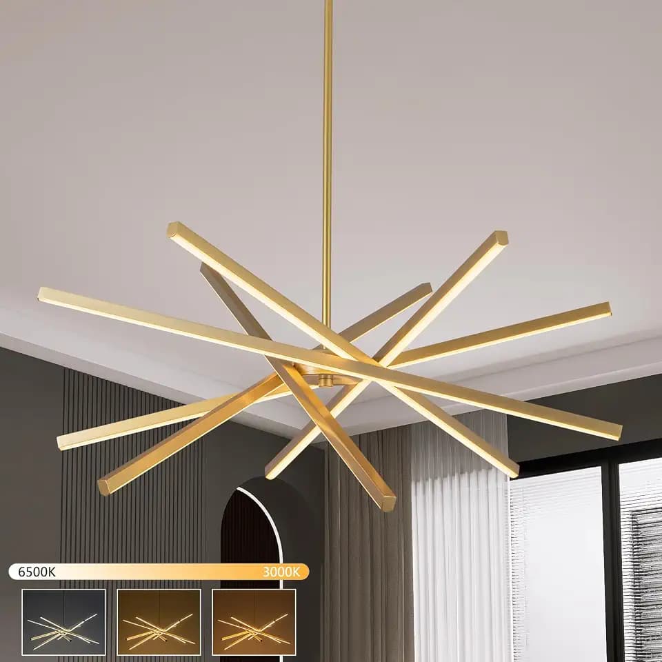 Modern LED Gold Chandelier Over Table, 3000K 4500K 6000K Dimmable