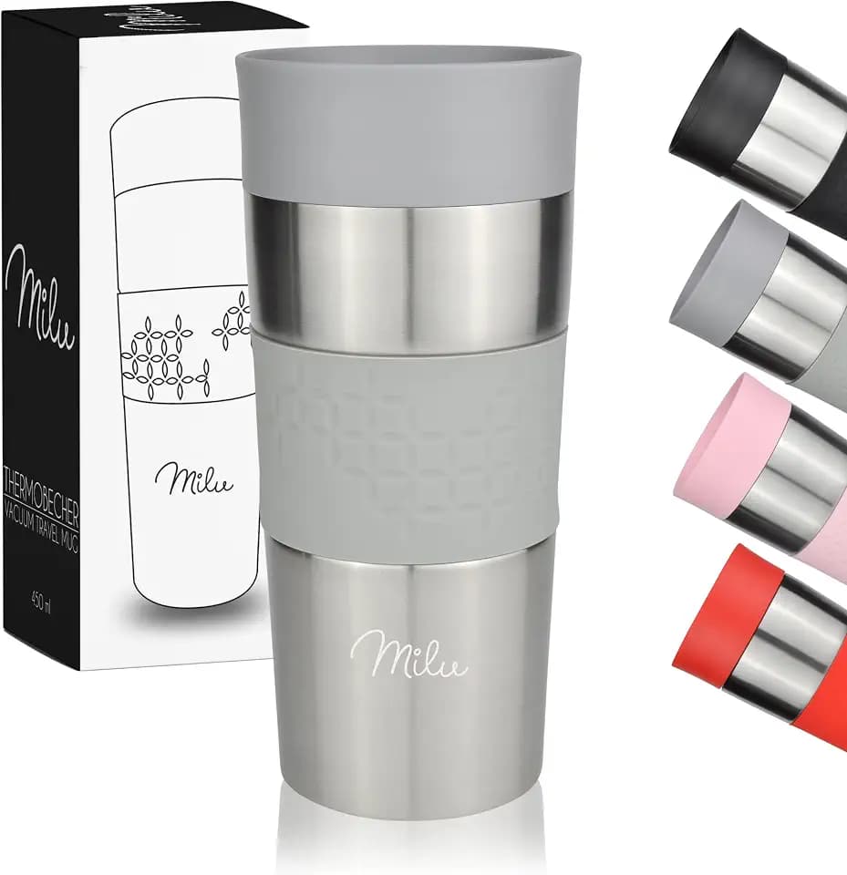 Milu Thermobecher 350ml & 450ml - Isolierbecher Kaffeebecher to go, 100% Auslaufsicher, Trinkbecher Edelstahl, Autobecher doppelwand Isolierung, Thermo Becher, Travel Mug (Grau, 350ml)