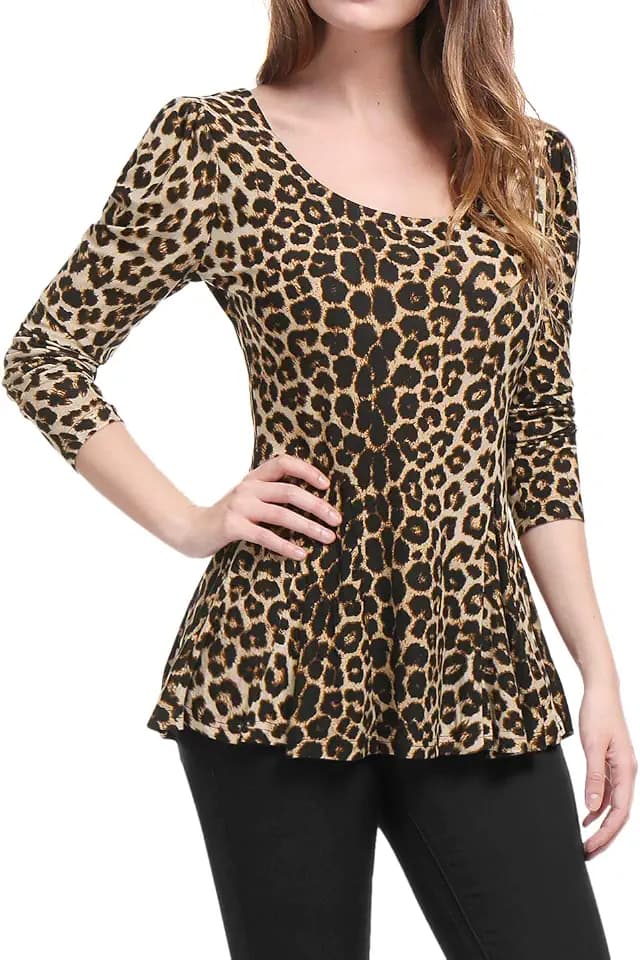 Allegra K Women's Long Sleeves Scoop Neck Printed Peplum Shirt
