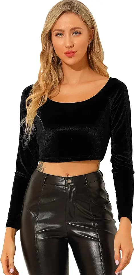 Allegra K Women's Velvet Long Sleeve Off Shoulder Solid Crop Top