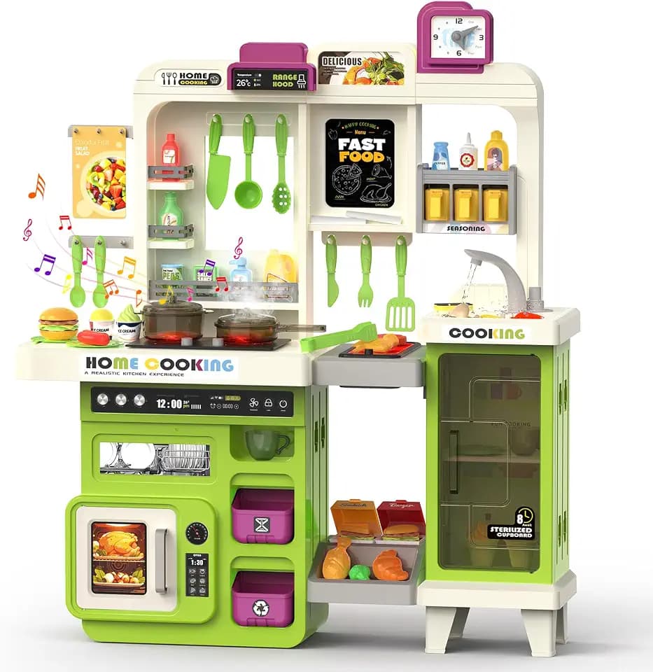 Kids Kitchen Playset with Lights, Sounds & Steam, Large Toddler Kitchen Playset with Sink, Grill, Play Food Sets for Kids Kitchen, Toy Kitchen Accessories, Pretend Play Kitchen Set with Storage Bag