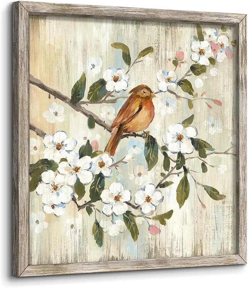 Small Bird Pictures Framed: Blossom Flower Artwork Botanical Wall Art Animal Painting Framed on the Tree Branch Print for Office(20x20)
