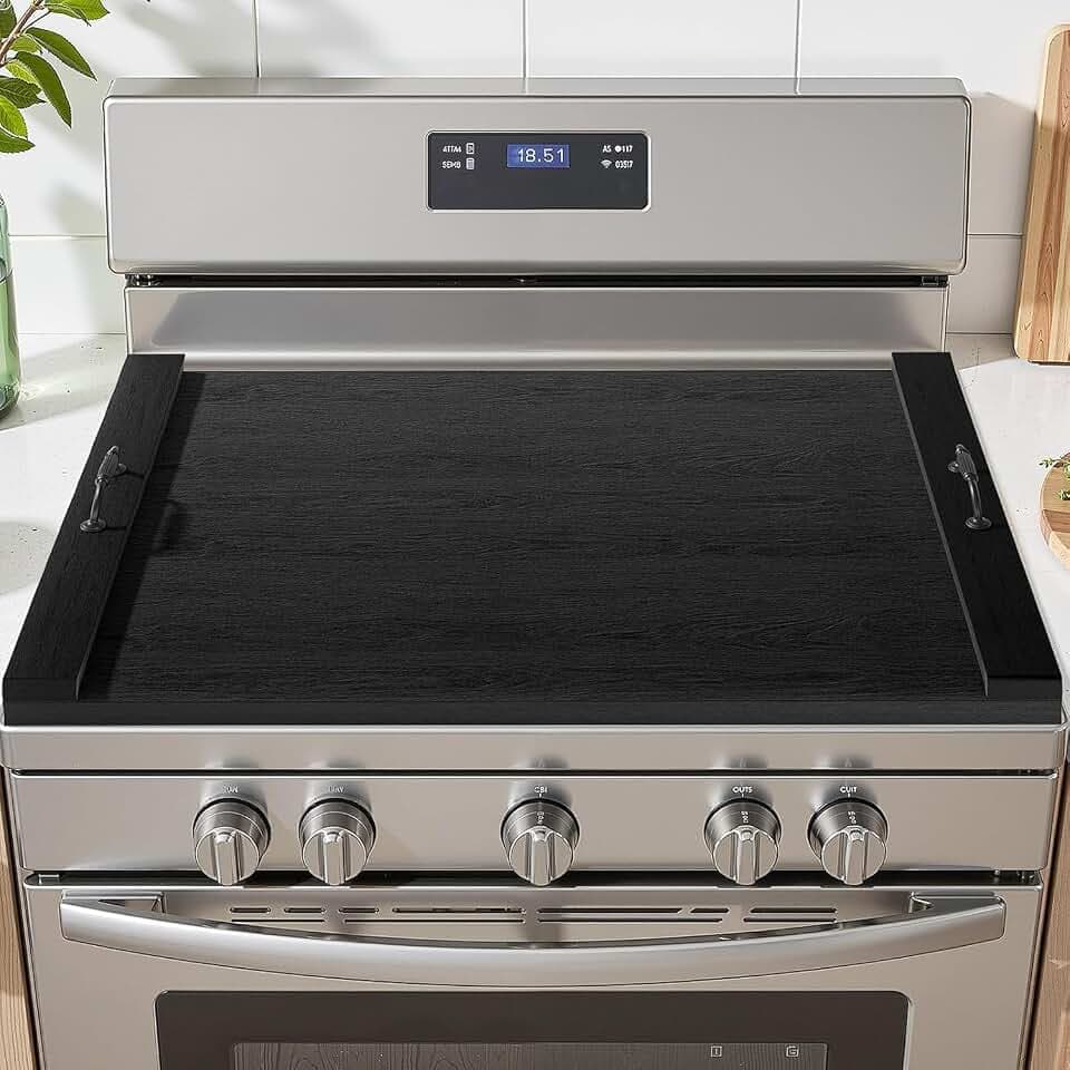 Gas Stove Top Cover: Wooden 30 * 22 Inches Electric Stovetop Covers, Noodle Board with Handles, Wood RV Cutting Board for Kitchen Counter (Black)