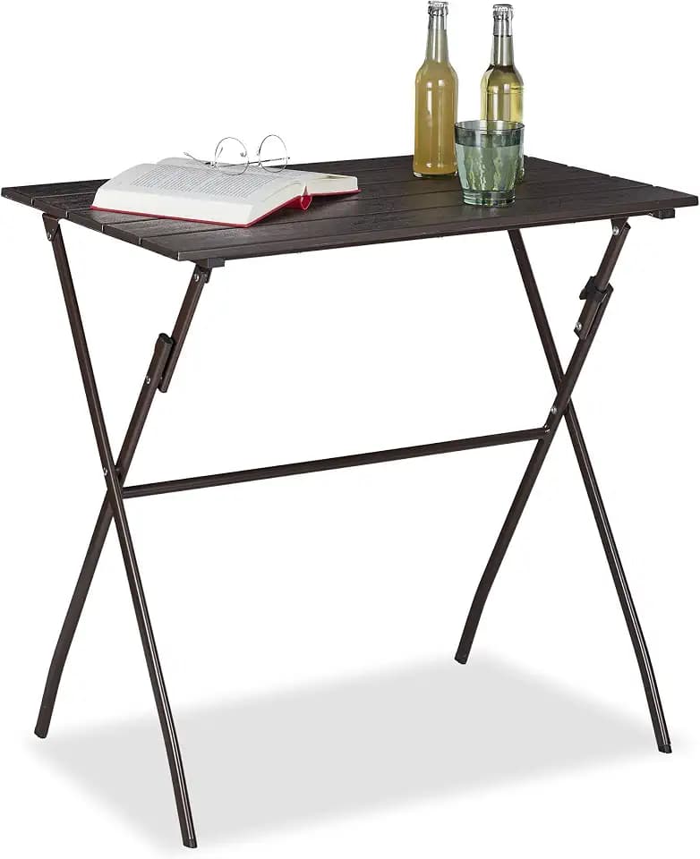 Relaxdays klappbarer Gartentisch, Holzoptik, eckig, Kunststoff, Metall, Balkontisch, HxBxT 75 x 77,5 x 48,5 cm, braun