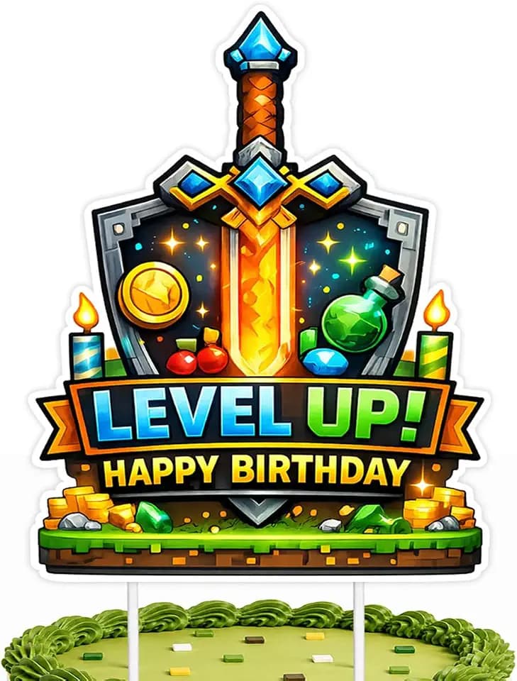 Video Game Cake Topper Level Up Happy Birthday Pixel Sword Decor