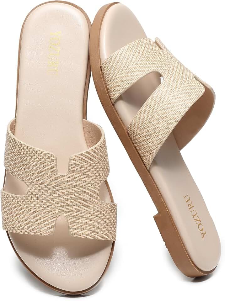 Yozuru Womens Flat Sandals Dressy Summer Slides Comfortable Leather Sandals