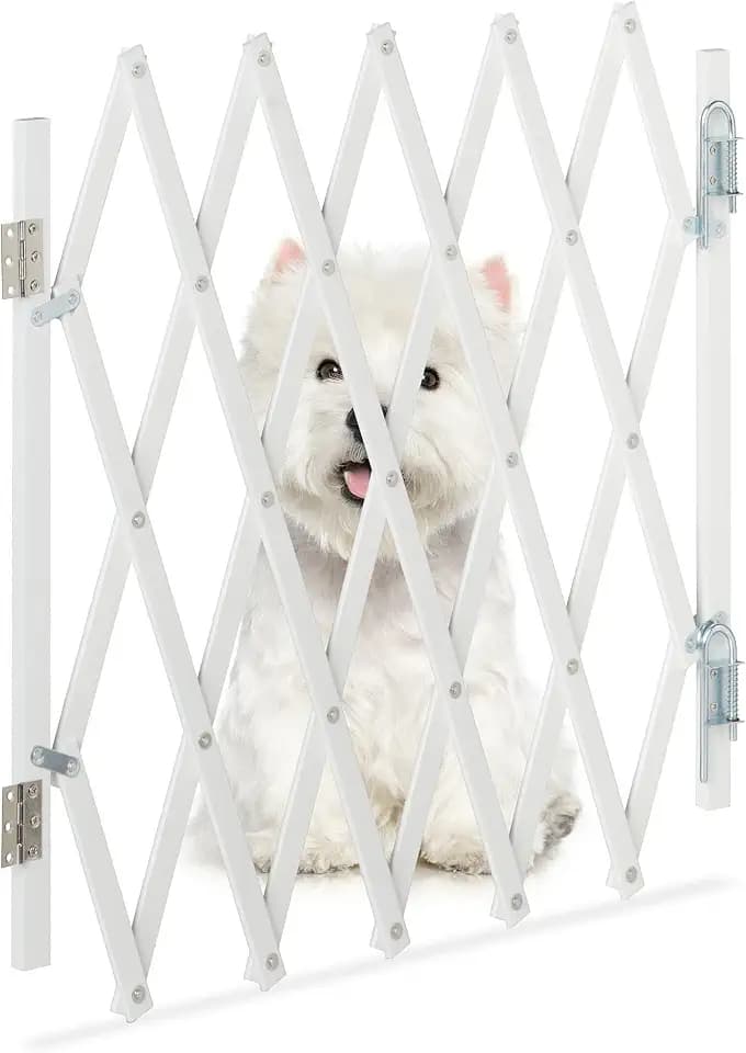 Relaxdays Hundeabsperrgitter, ausziehbar bis 96 cm, 48,5-60 cm hoch, Bambus, Hunde Schutzgitter für Treppe & Tür, weiß