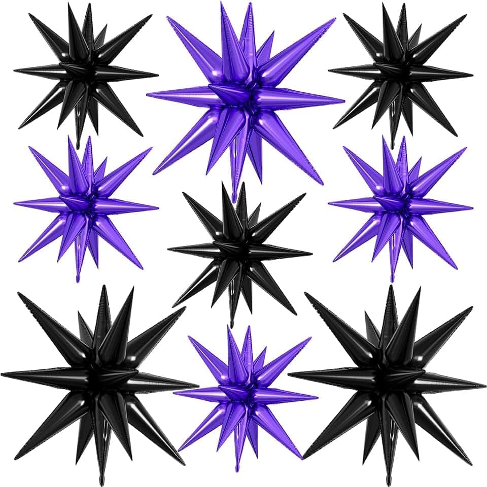 9Pcs Purple and Black Star Balloons, Large Spike Foil Balloons Party Decor