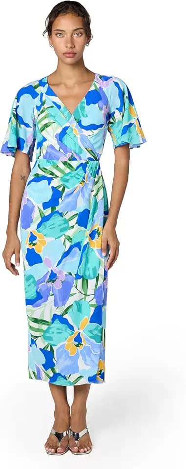 Maggy London Women's Maggy London Women's Dresses Short Flutter Sleeve Faux Wrap Midi Dress
