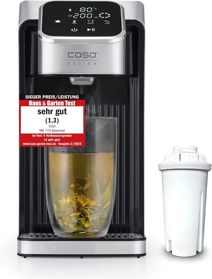 CASO HW 770 Advanced Heißwasserspender, 13 Temperaturstufen (40-100°C), Memory-Funktion, Edelstahl, Schwarz, inkl. Wasserfilter