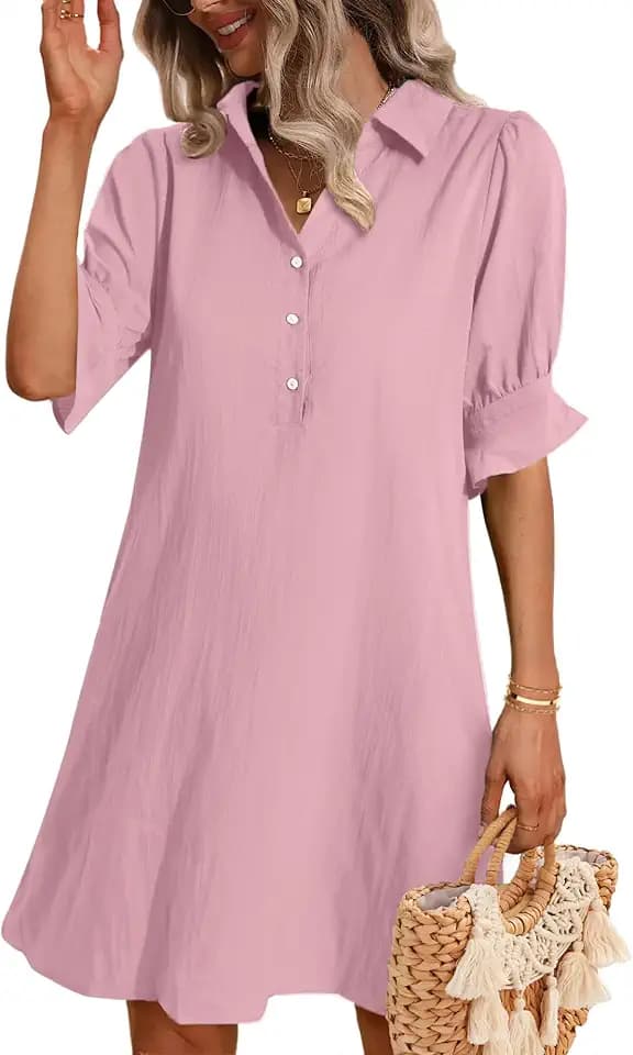 Zeagoo Damen Sommerkleid V-Ausschnitt Blusenkleid Kurzarm Knielang Casual Strandkleid Shirtkleider Knopfleiste Freizeitkleid mit Taschen S-XXL