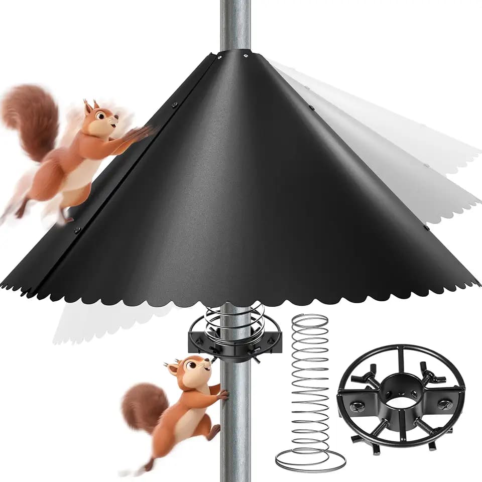 Metal Squirrel Baffle - Heavy Duty Squirrel Baffle for Bird Feeder Pole - Chew Proof Squirres Guard with Spring for Better Defense, Outside Pole Mount for Bird Feeder, 19 Inch