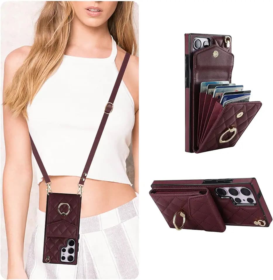 QLTYPRI Crossbody Wallet Case for Samsung Galaxy S22 Ultra, Wine Red