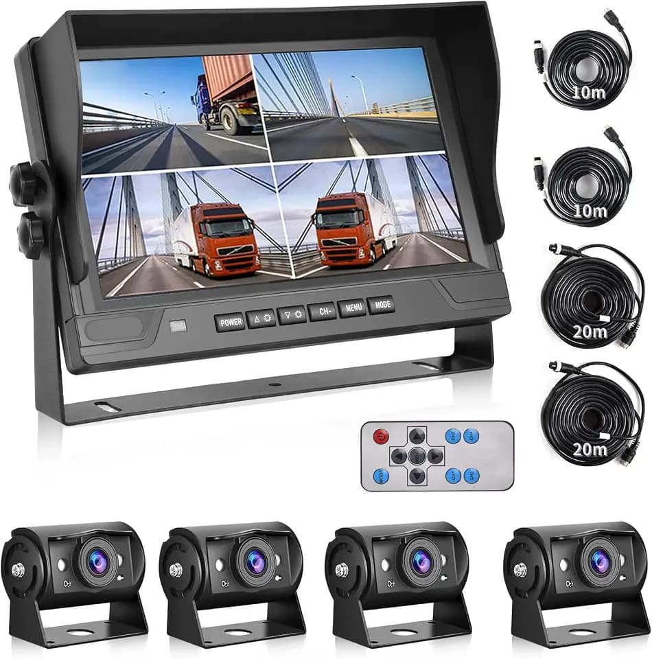 Hodozzy 1080P Rückfahrkamera 4 Kameras mit 9 Zoll DVR 4 Geteilte Monitor, 4 AHD Kameras IP68 Wasserdicht Nachtsicht, Vorder Seite Rück Kamera mit Kabel 2*10m+2*20m, für LKW Anhänger Wohnmobil Bus Van