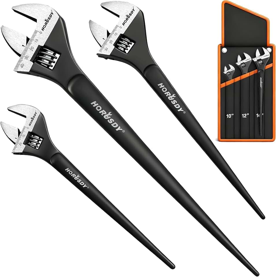 HORUSDY 3-Piece Adjustable Spud Wrench Set, 10", 12", 16", CR-V Steel, SAE & Metric Scale, Black Oxide Finish, Heavy Duty Wrenches for Construction, Mechanical Repair, DIY and Outdoor Projects