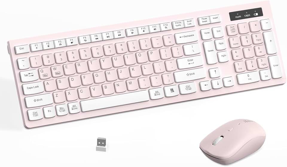 Wireless Keyboard and Mouse Combo, Reccazr 2.4G Full-Sized Keyboard and Mouse Cordless, 3 DPI Adjustable Mouse, Dual-System Keyboard for Computer/Laptop/Windows/Mac (Pink & White)