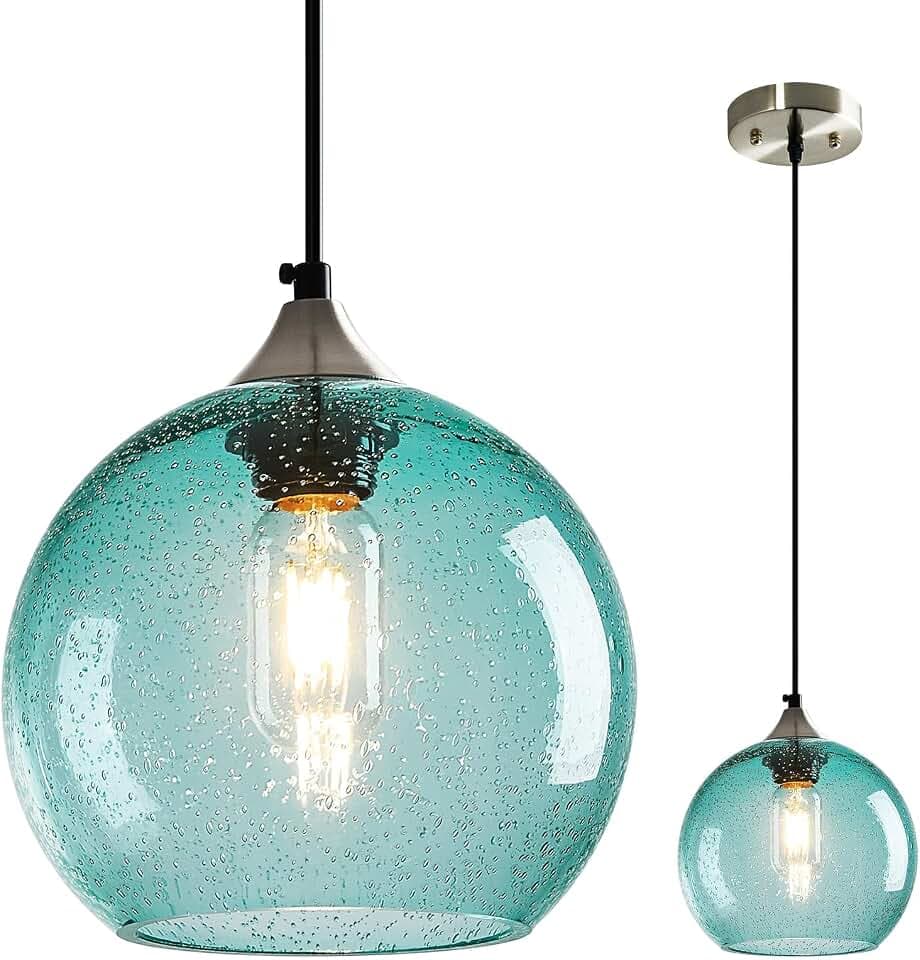 Aqua Pendant Lights Kitchen Island 1 Pack, 7.87 in Seeded Glass Globe