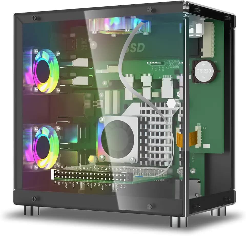 Elecrow Mini PC Case for Raspberry Pi 5: Aluminum Case with 3 Cooling Fans, 1.3" OLED Display, PCIe M.2 NVMe SSD 2230/2242/2260/2280 Support, RTC, Full Port Access, Compact (Pitower Gen 1)