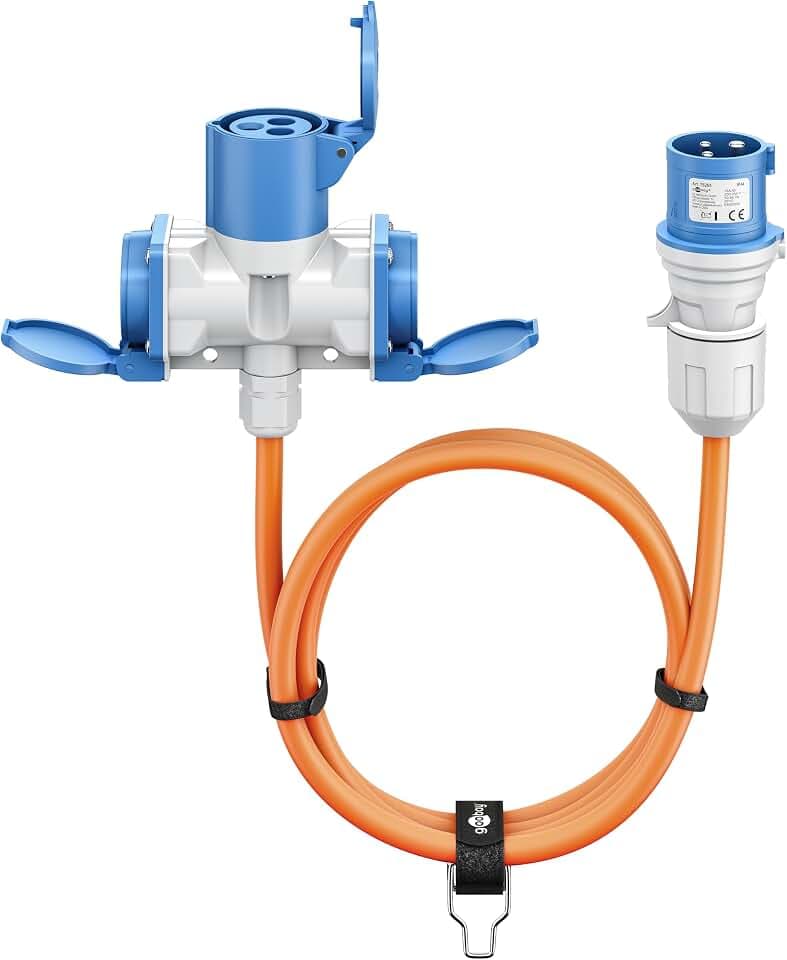 CEE-Caravan-Adapterkabel 10m, Stecker auf CEE-Buchse, 2X Steckdose, IP44